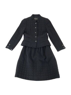 Chanel Quilted CC Logo Tan Karl Lagerfeld Work 36 Black Wool Jacket Skirt